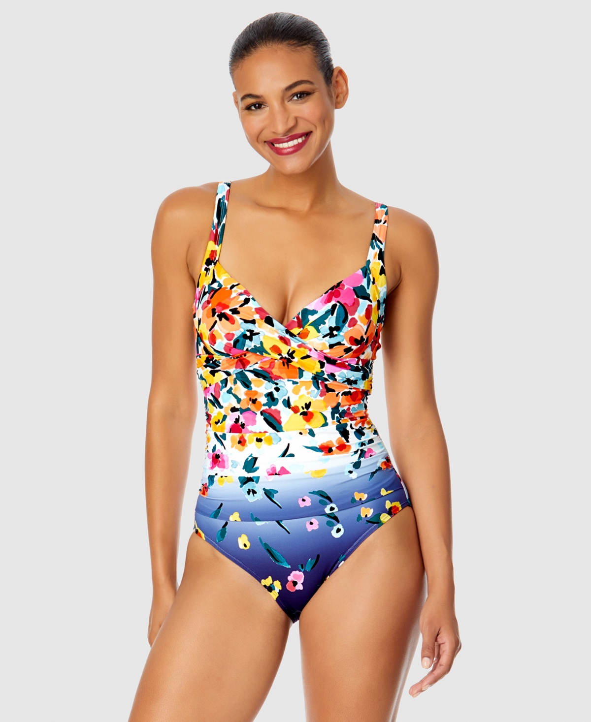 Women's Floral-Print Draped Underwire One-Piece Swimsuit - Multi