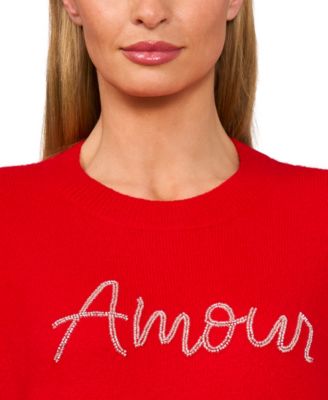 CeCe Women's Beaded Amour Script Crewneck Long-Sleeve Sweater
