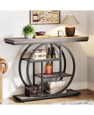 Industrial 4-Tier Console Table with Circle Base and Storage Shelves, 41.3-Inch Narrow Accent Sofa Table for Entryway or Living Room