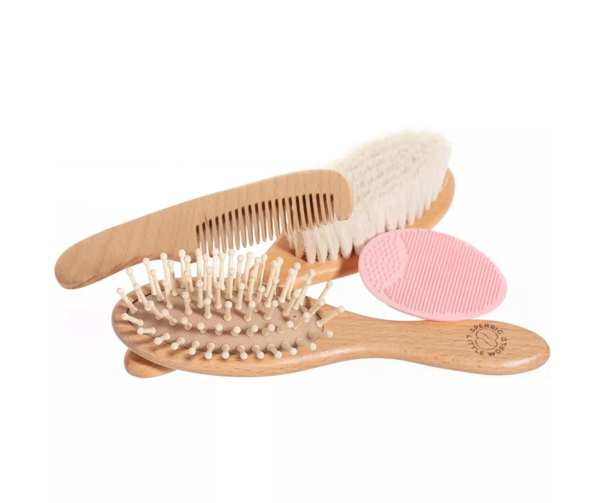 Sperric Toddler Hair Brush and Comb Set for Newborn – Wooden Brush with Soft Goat Bristle, Cradle Cap Brush for Newborns Girls, Blue - Bright b