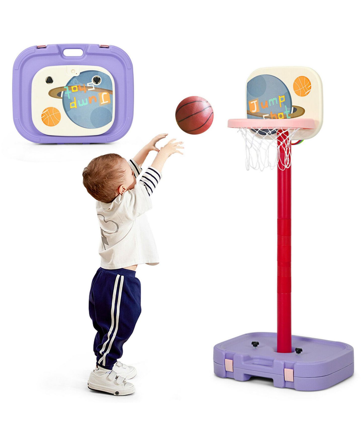 Детские игрушки Gymax Portable 2 in 1 Kids Basketball Hoop Stand w/ Ring Toss and Storage Box, цвет: Красный — фото 1
