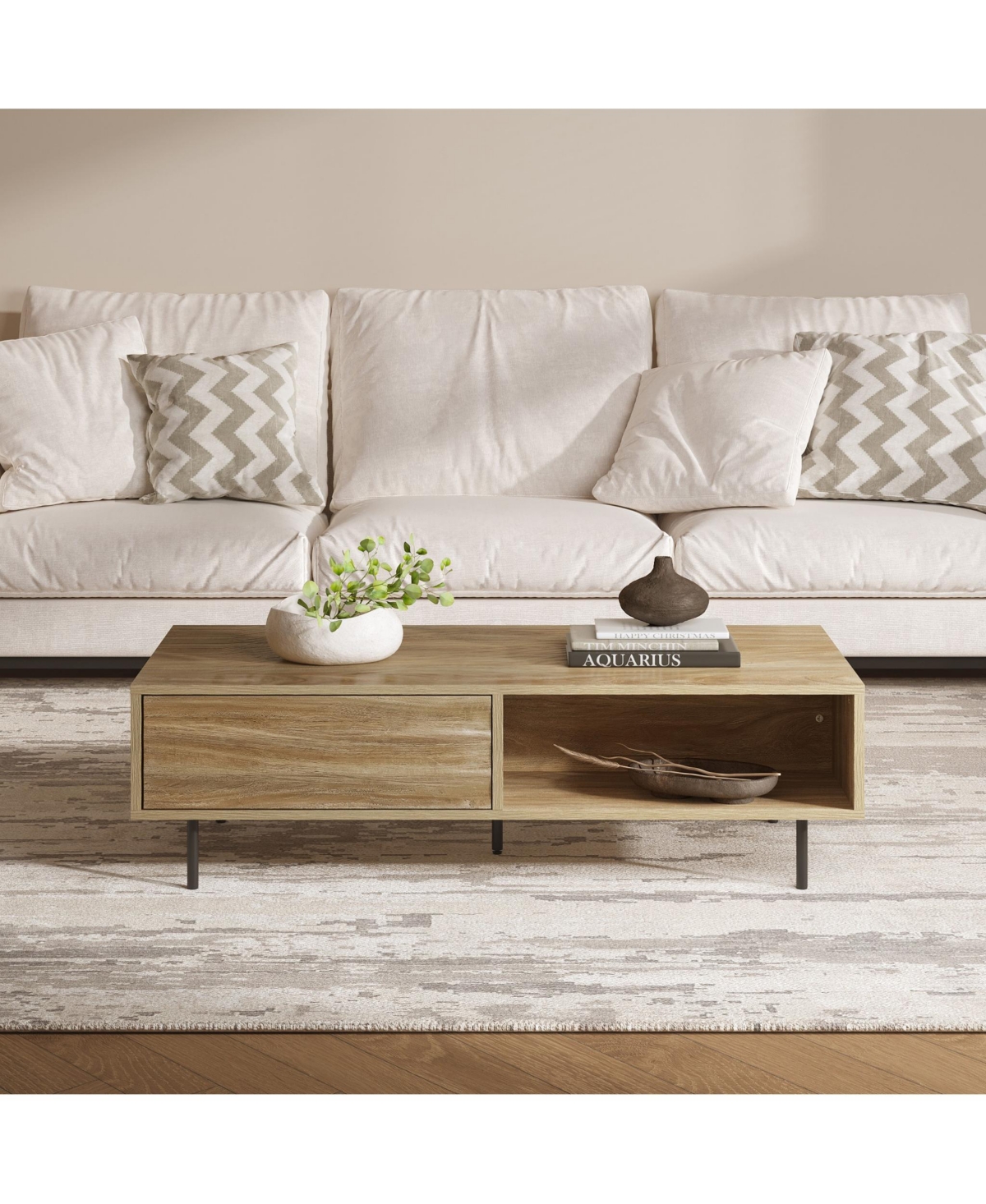 LuxenHome Mid-Century Modern Wave 1-Drawer Coffee Table with Storage and Metal Legs