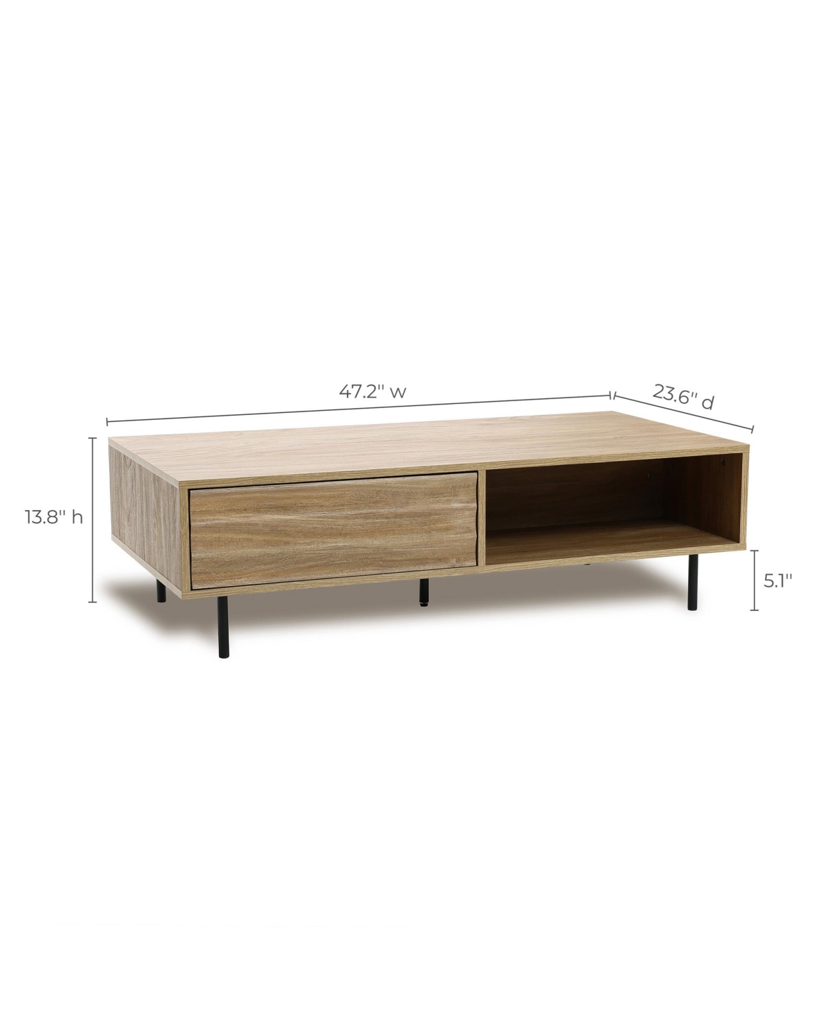 Shop Luxenhome Mid-century Modern Wave 1-drawer Coffee Table With Storage And Metal Legs In Natural