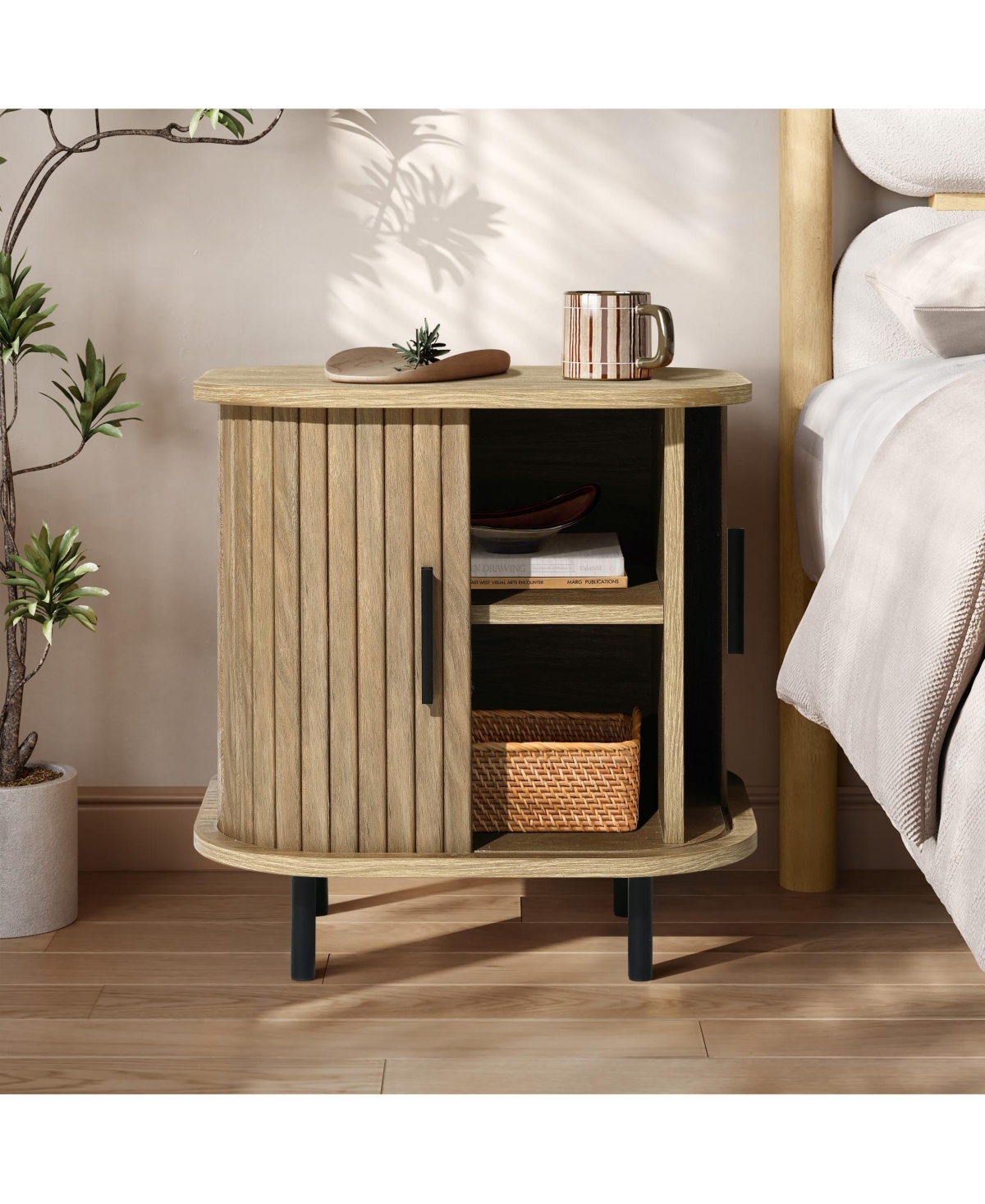 Luxenhome Mid-century Modern 2-door Nightstand And End Table With Slatted Slidng Doors In Brown
