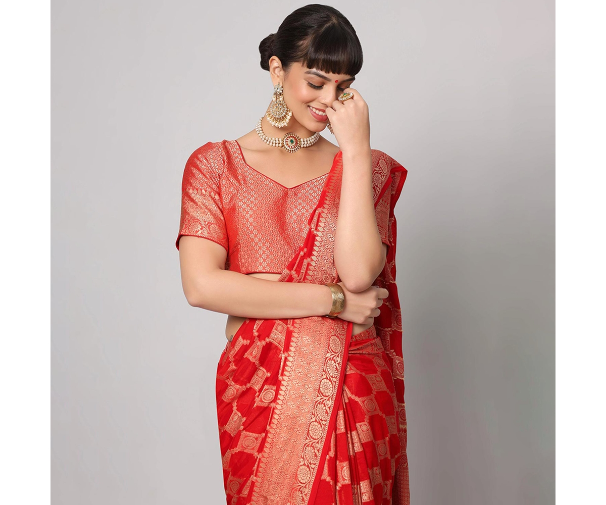 One Minute Saree Petite JivaGold Embroidered Georgette Ready to Wear Sari - Red