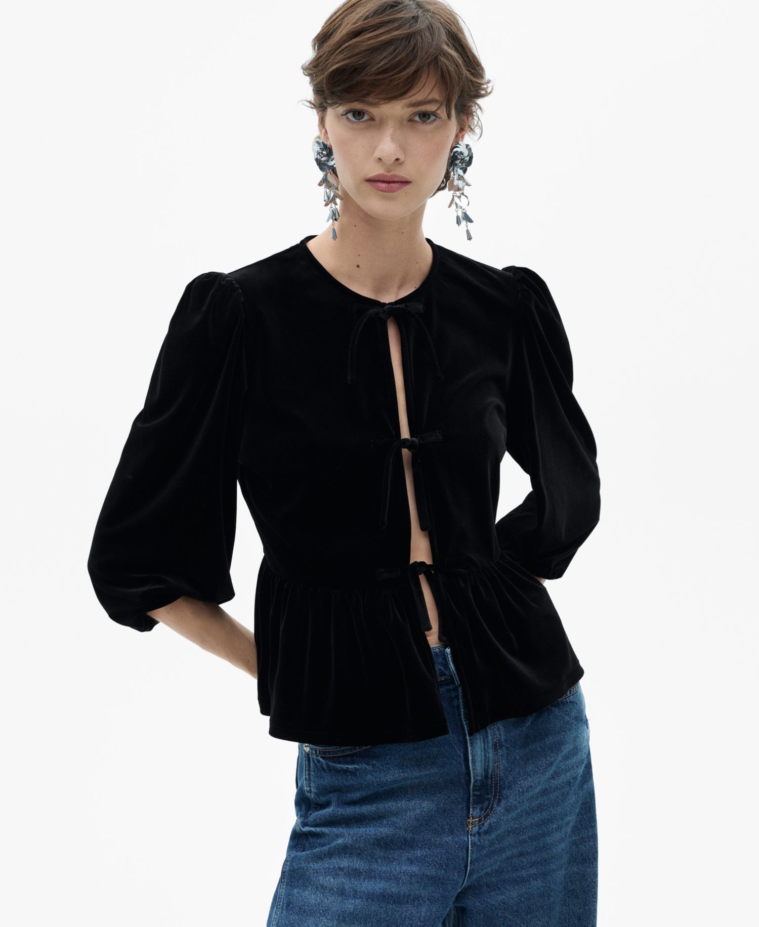 Women's Bows Detail Velvet Blouse