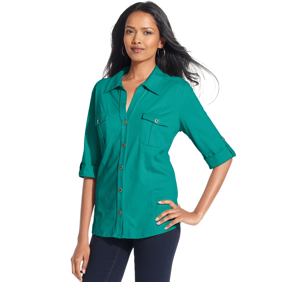 Style & Co. Roll Tab Jersey Button Down Shirt   Tops   Women