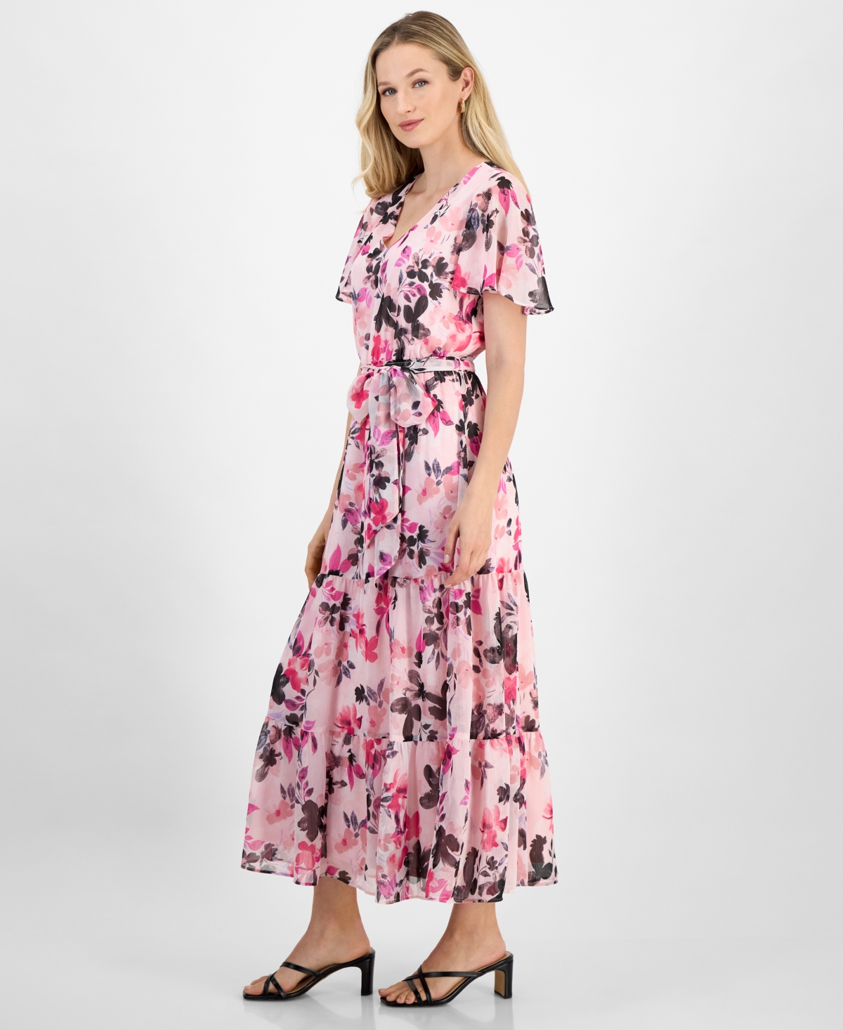 Kasper Floral Short Sleeve Tiered Maxi Dress In Tutu Pink Multi