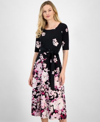 Kasper Petite Women's Floral Belted Elbow-Sleeve Fit & Flare Dress - Macy's