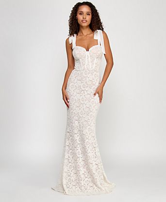 white christmas dresses Zapaka Women Ivory Corset Lace Tulle Long Wedding Dress A-Line Spaghetti Straps Bridal Dress, White / US16W main image 1