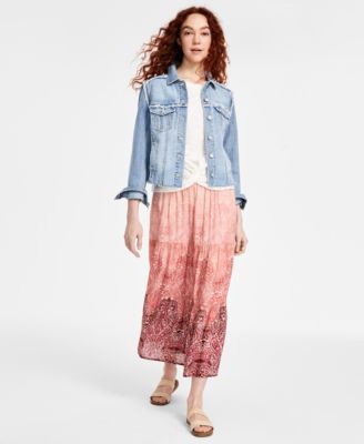 Womens Frayed Trucker Jacket Knit Top Maxi Skirt
