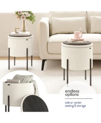  Round Ottoman  Boucle Fabric  Hidden Storage Foot Stool/Vanity Stool for Living Room & Bedroom Decor