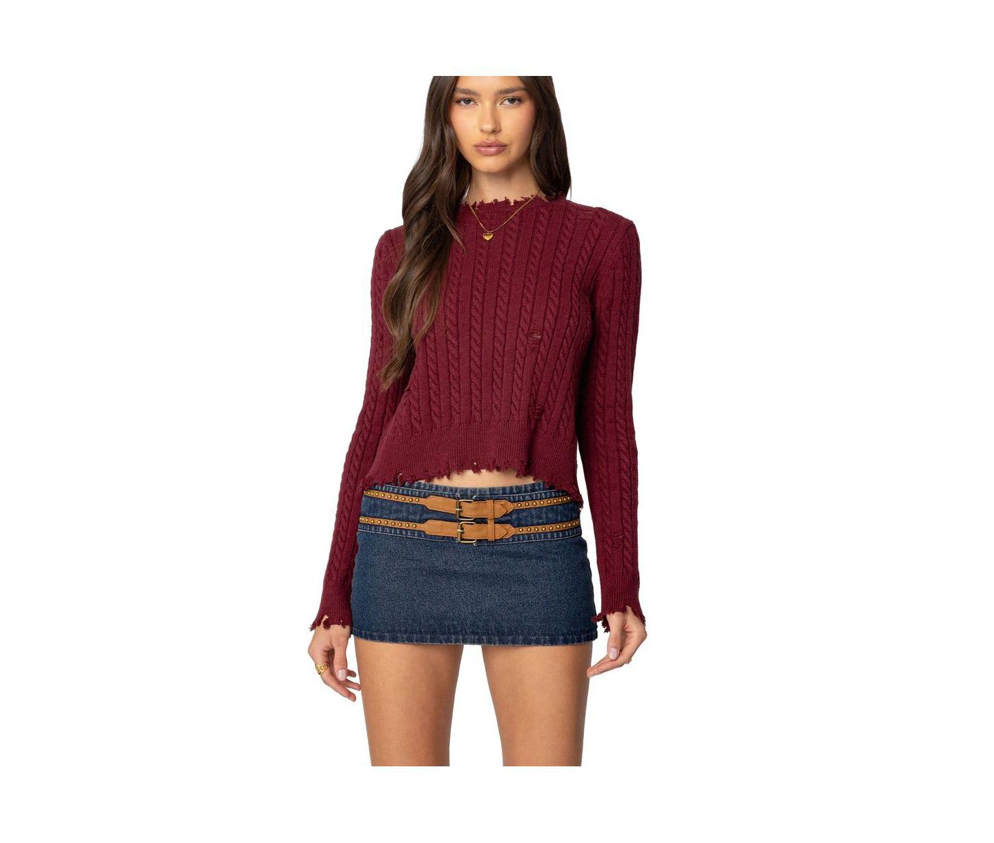 Женский свитер Edikted Split Open Back Cable Knit, цвет: Бордовый — фото 1