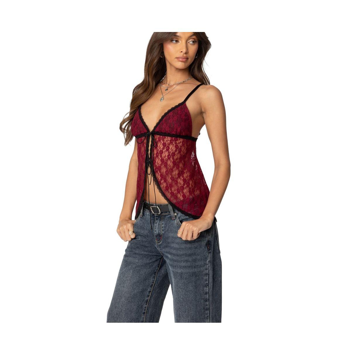 Edikted Women's Maude Tie Front Sheer Lace Top