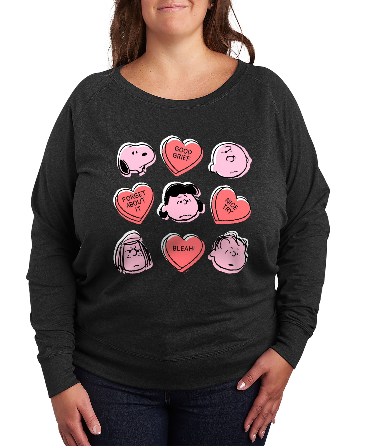 Plus Size Peanuts Valentines Day Candy Hearts Graphic Crew Neck Top - Black