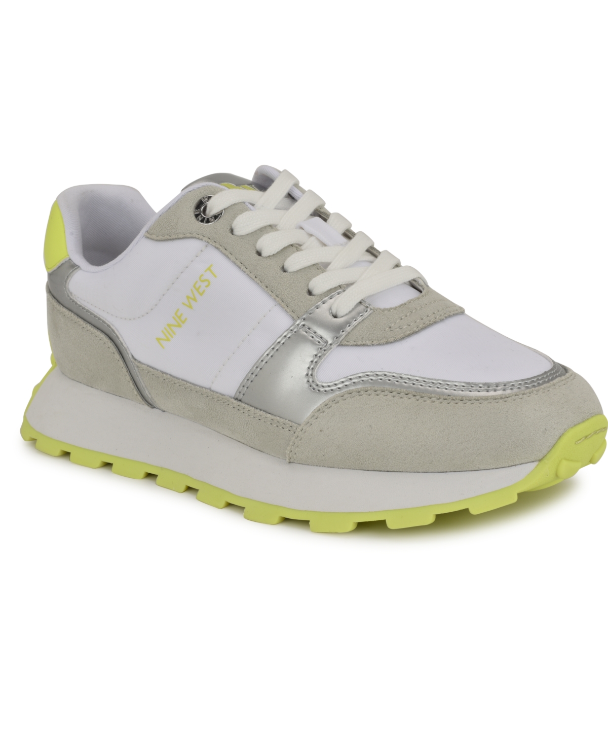Shop Nine West Women's Kalah Casual Lace-up Sneakers In Light Grey,neon Yellow