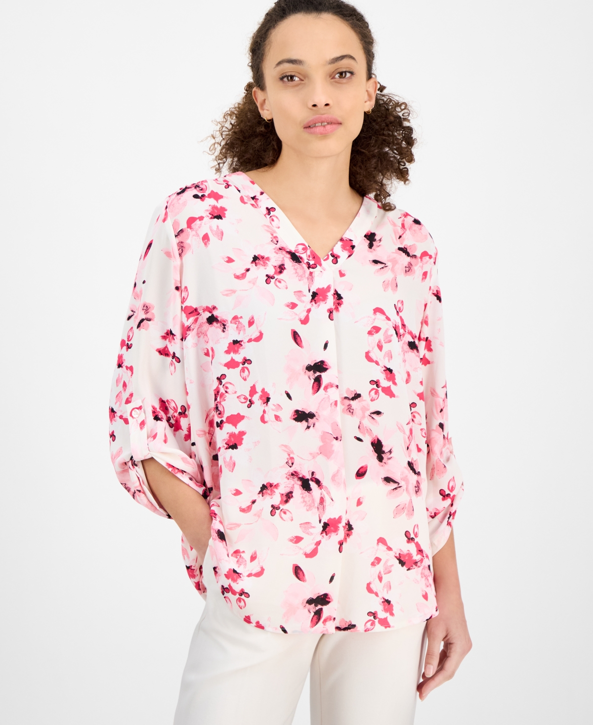 Women's Printed V-Neck Roll-Tab Blouse - Anne White Multi