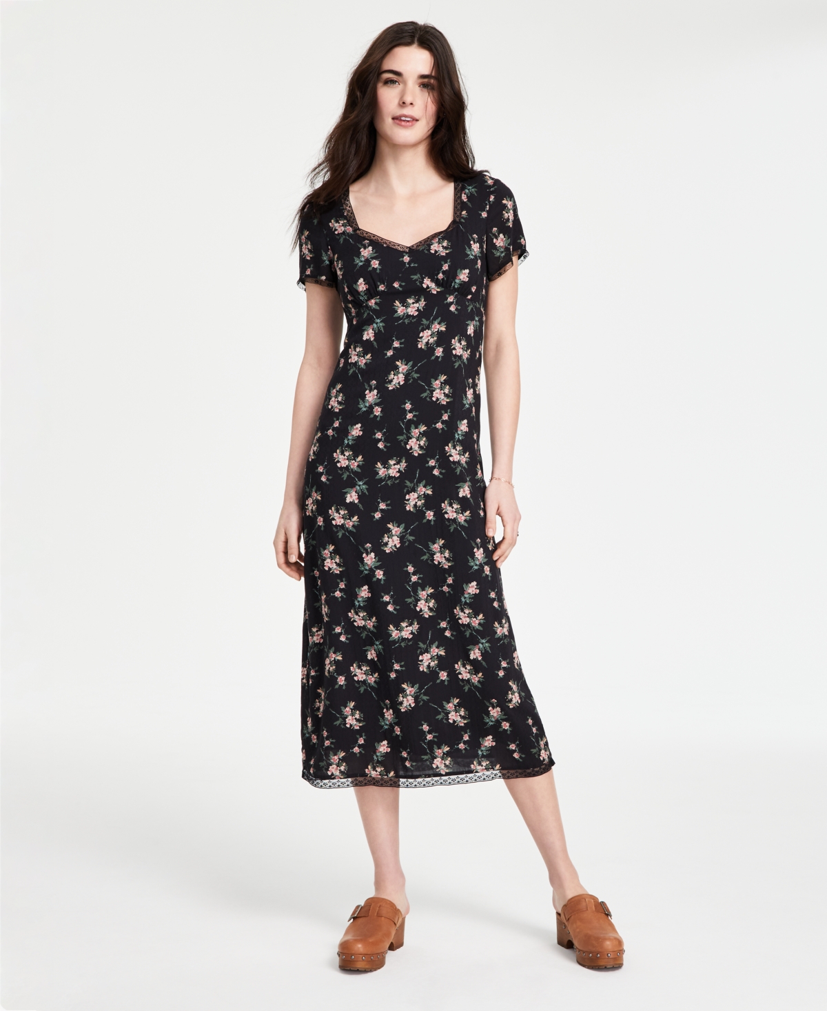 Shop Lucky Brand Women's Floral Lace-trim Midi Dress In Black Floral