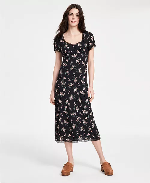 women's floral lace-trim midi dress