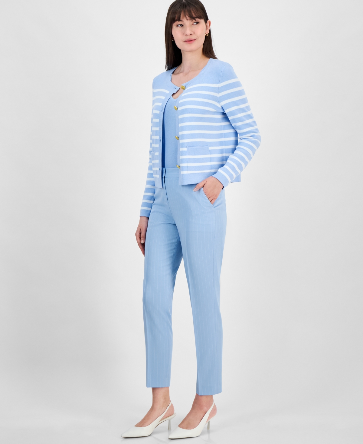 Tahari Asl Women's Striped Button-front Cardigan In Ice Blue Ivory