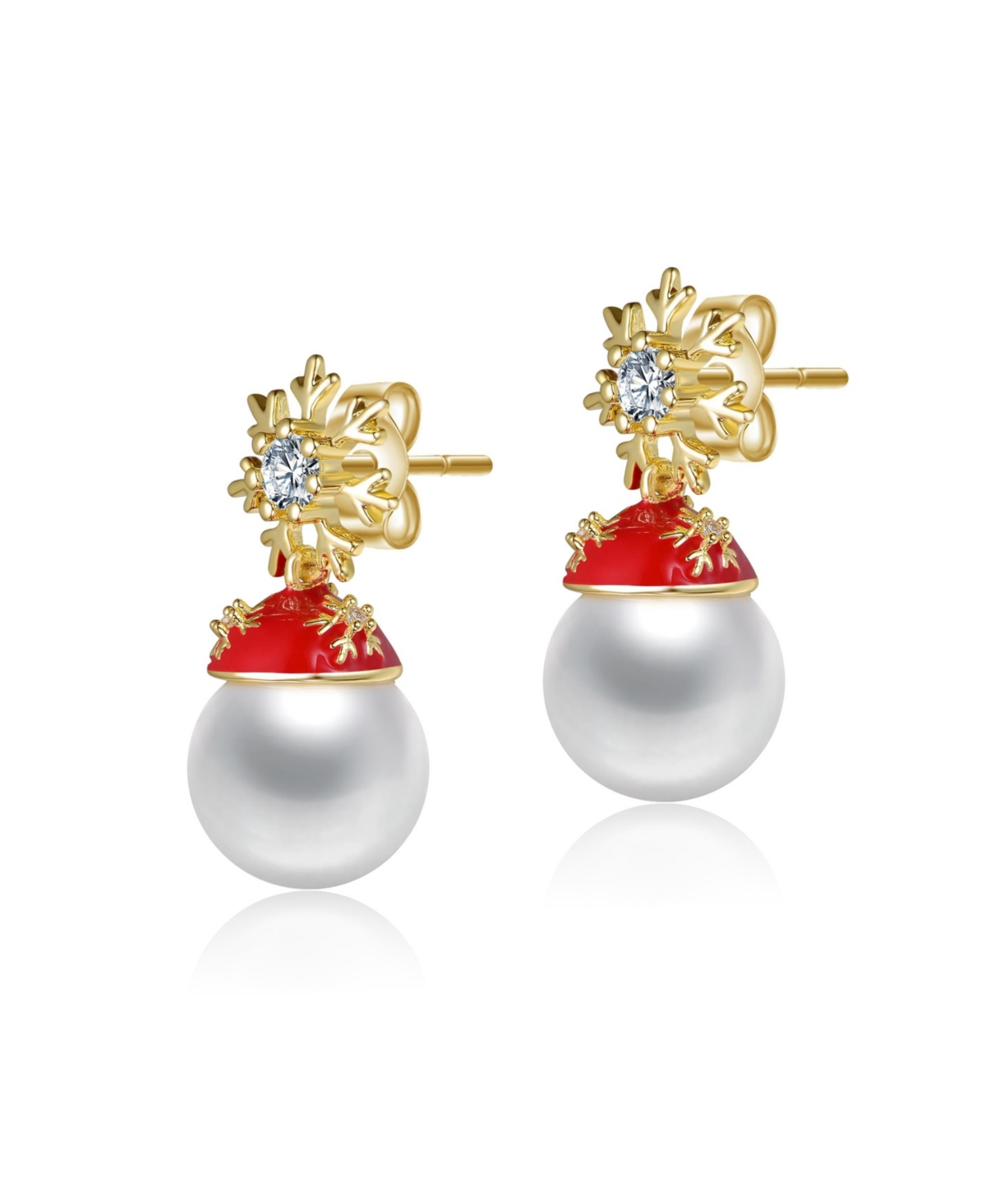 14K Gold Plated with White Pearl & Clear Cubic Zirconia Snowflake and Santa Hat Drop Earrings - Red