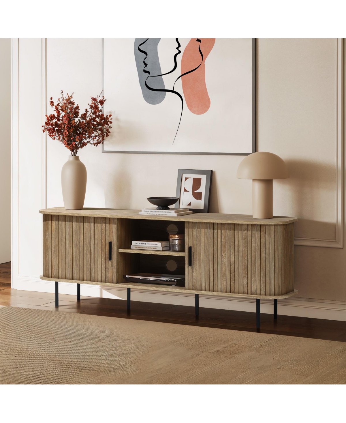 LuxenHome Mid-Century Modern 2-Door 55.1-Inch Wide Tv Console with Slatted Slidng Doors