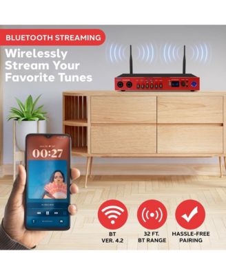 UHF Wireless Microphone System with Bluetooth - Dual Channel, 2 Handheld Mics, Portable Mixer, Red