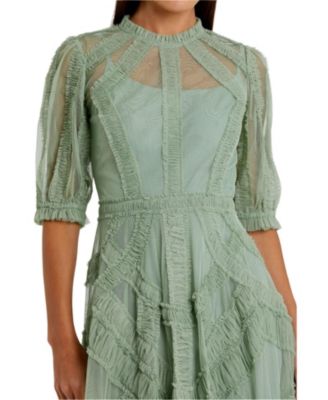 Women's High Neck Puff Sleeve Ruffle Tiered Dress