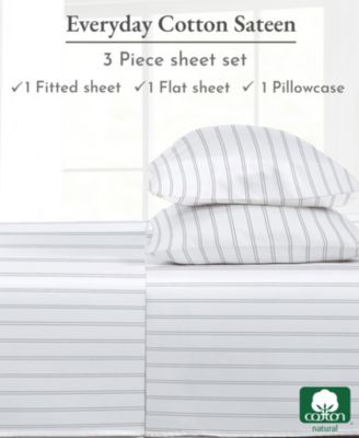 Twin Bed Sheet Set, Soft 100% Cotton Sateen, 3 Pc Deep Pocket Sheets & Pillowcase Set