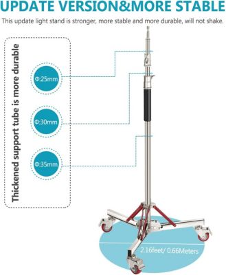 Heavy Duty Light Stand with Casters, Adjustable Tripod Stand with 100% Stainless Steel, Photography Wheeled Base Stand for Studio Softbox, Monolight, Reflector, Max Height: 10ft/305cm