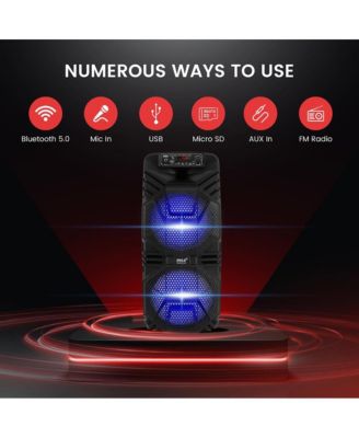 Bluetooth PA Speaker System - 600W Rechargeable Outdoor Bluetooth Speaker Portable PA System w/ Dual 8” Subwoofer 1” Tweeter, Microphone In, Party Lights, USB, Radio, Remote - Pyle PPHP2836B
