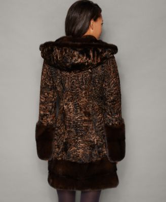The Fur Vault Mink-Fur-Trim Hooded Persian Lamb Coat