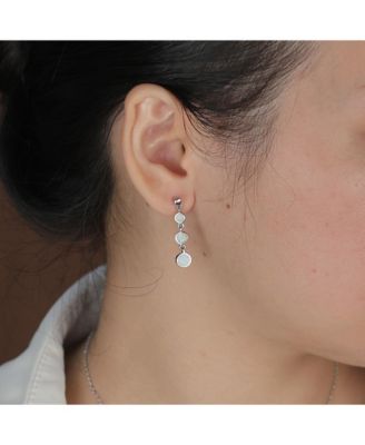Geometric 3 Bezel Round Disc Linear Circle Synthetic Opal Dangle Earrings Sterling Silver