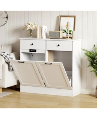 Double Tilt Out Trash Cabinet 20 Gallon,Hidden Wooden Trash Can Cabinet with Deodorizing Function,Farmhouse Laundry Hamper Cabinet, Pet Proof Trash Can, Wood Laundry Cabinet White
