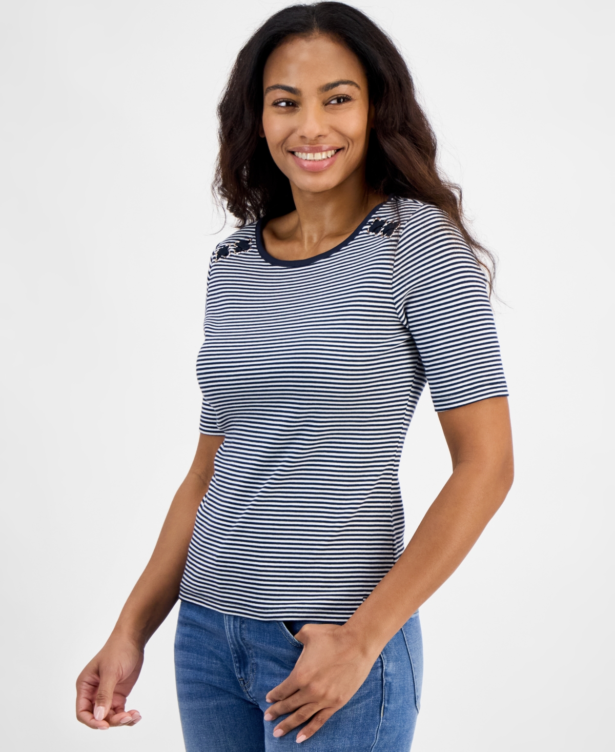 Tommy Hilfiger Women's Striped Cotton Lace-up Top In Sky Captain,bright White