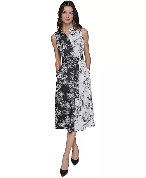 women's printed belted button-front shirtdress