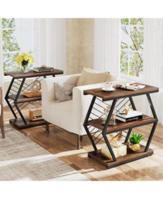 2 Pc Wood and Metal 3-Shelf Industrial Geometric Frame Side Table Set