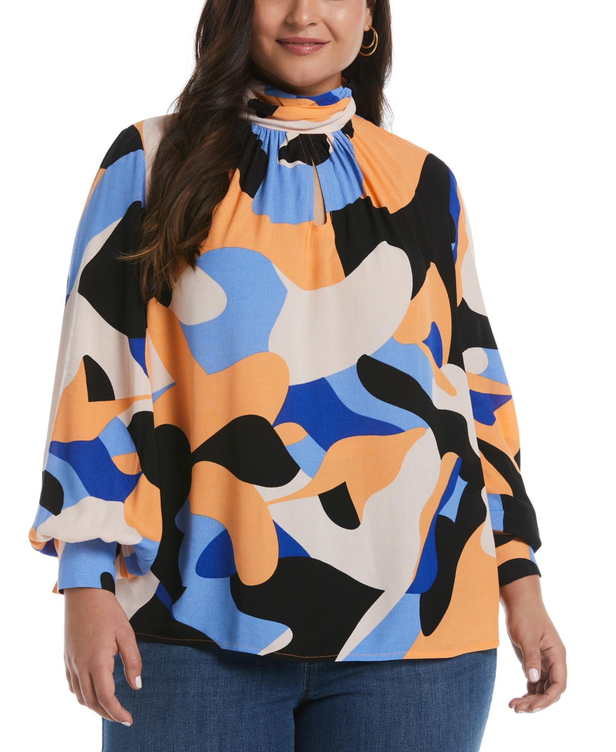 Plus Size Keyhole Long Sleeve Blouse - Mock Orange