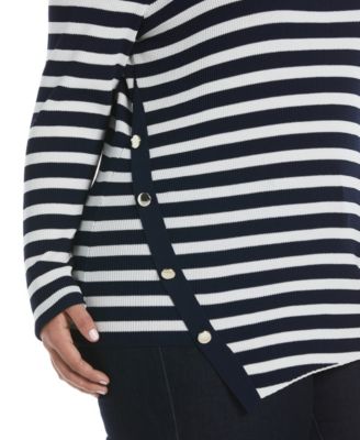 Plus Size Snap Trim Stripe Asymmetrical Sweater