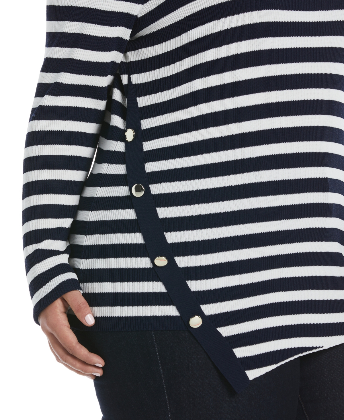 ELLA RAFAELLA PLUS SIZE SNAP TRIM STRIPE ASYMMETRICAL SWEATER 