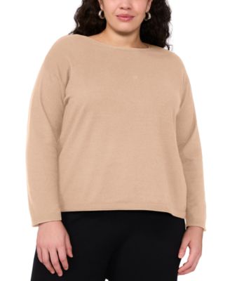 Vince Camuto - Plus Size Crewneck Rolled-Edge Long-Sleeve Top