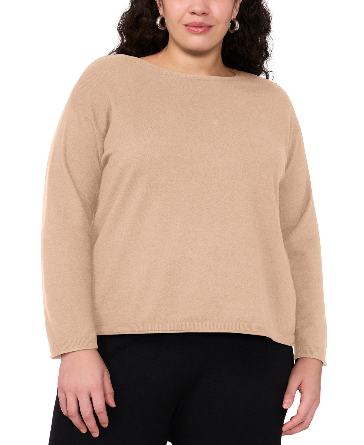 Vince Camuto Plus Size Crewneck Rolled-Edge Long-Sleeve Top