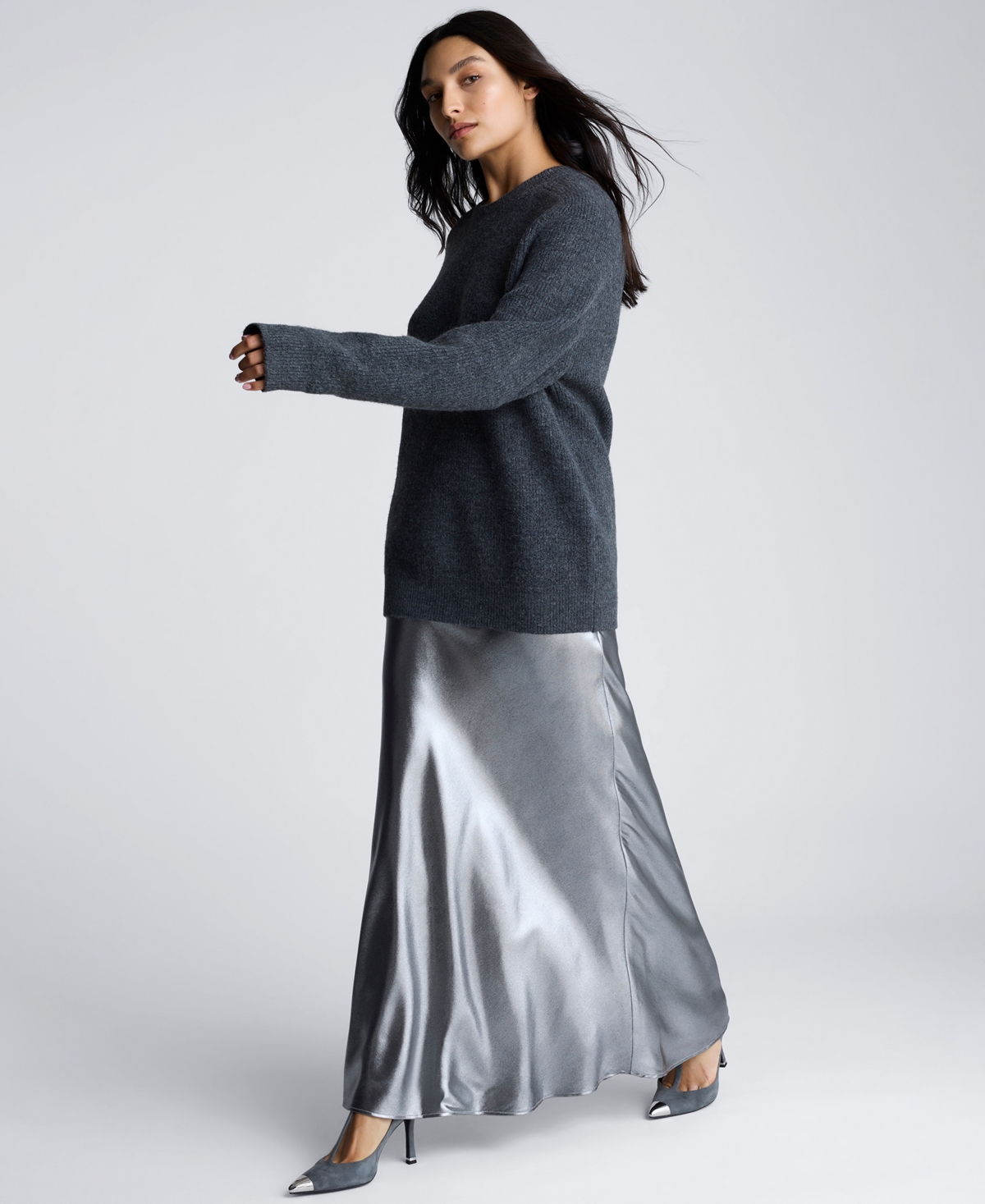 Kenneth Cole Metallic Bias Cut Maxi Skirt In Black,pewter