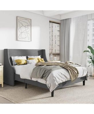 Upholstered Linen Blend Headboard Wingback Platform Bed for Elegant Bedroom Style