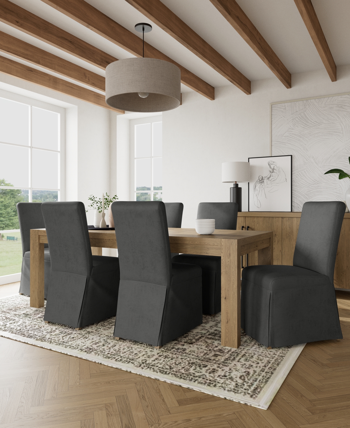 Macy's 7pc Dining Set (davie Rectangular Table & 6 Estby Chairs) In Slate