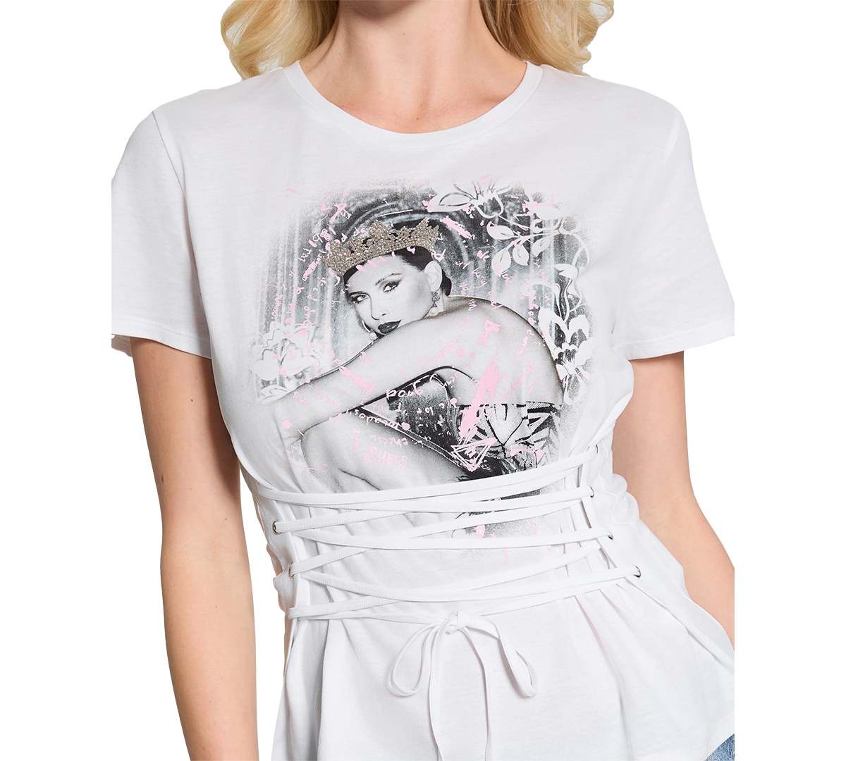 GUESS WOMEN'S DUCHESS LACE-UP GRAPHIC T-SHIRT 