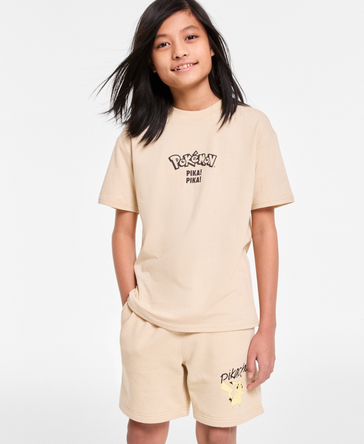 Pokémon Little Big Boys Pika Pika Graphic T Shirt Pikachu Fleece Shorts In Tan