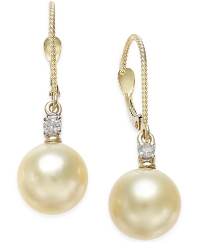 Cultured Golden South Sea Pearl (9mm) and Diamond (1/10 ct. t.w.) Drop ...