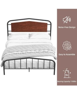 Platform Bed Frame with Wooden Headboard, Heavy Duty Metal Slats Support