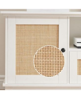 Rattan TV Stand, Modern Entertainment Center for 65/70 Inch TV, White Media Center with 2 Drawers and 2 Cabinets with Adjustable Shelf